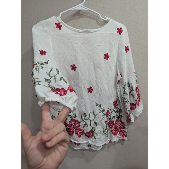 Gorgeous gauzy white peasant style blouse w/red floral embroidery by Kindred PS - Picture 3 of 7